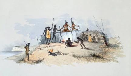 The Aborygeni mieszkańcy: rodzime grobowce i sposoby usuwania zmarłych, z „South Australia Illustrated”, opublikowana w 1847 r. (Ręcznie kolorowy grawerunek)